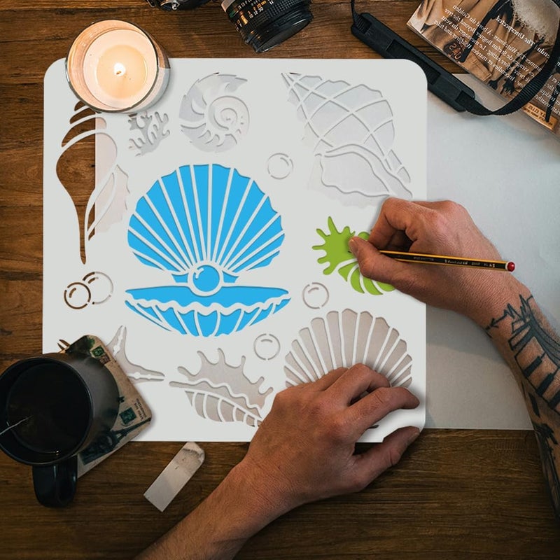 DOODLREAM Seashell Conch Stencil for Painting, 11.8"x11.8" Reusable Plastic Summer Ocean Animal Stencil Drawing Template, DIY Craft Paint Template for Wall Home Decor Wood Burning Journal Paper - Image 5
